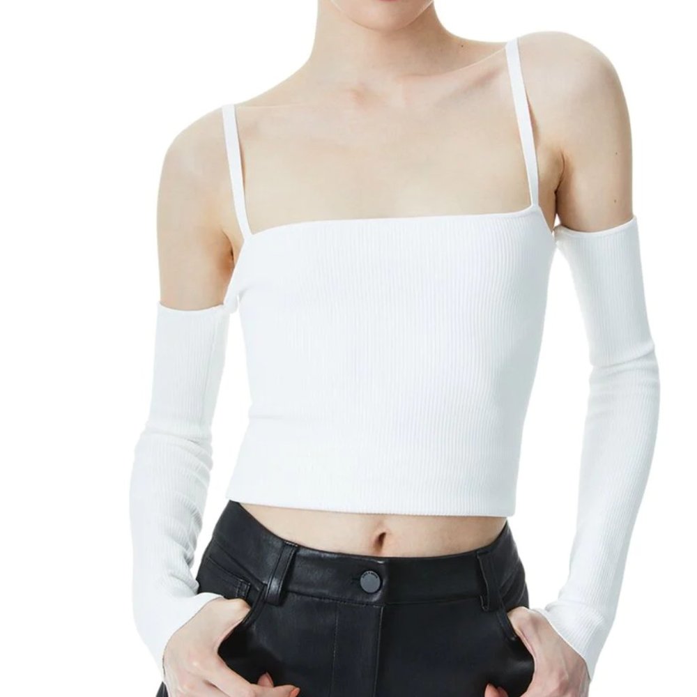 Alice and Olivia Evia Ribbed Off Shoulder Long Sleeve Top White - XS Like New